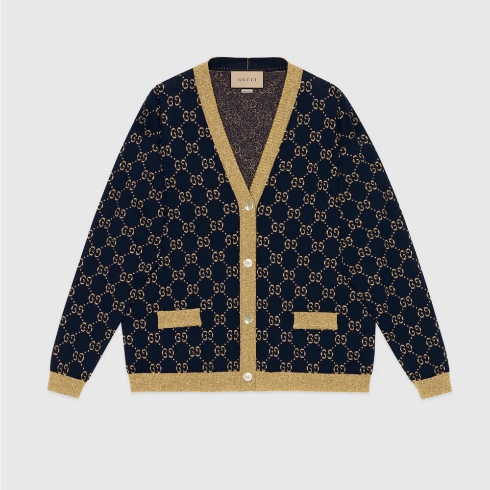GUCCI Navy GG Cotton Lame Cardigan with Gold Trim Sz XL